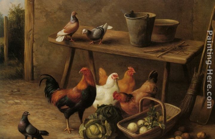 Edgar Hunt Chickens and Pigeons in a Farmyard